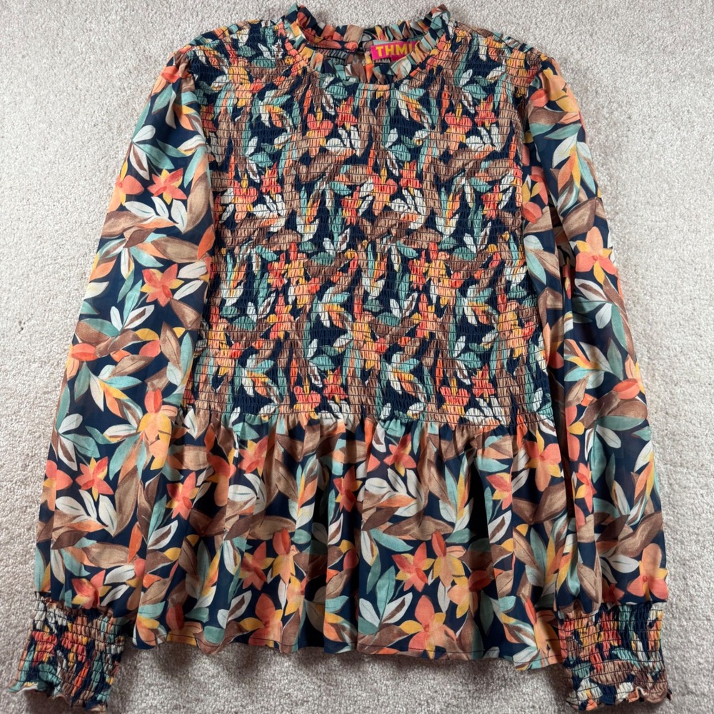 THML Women Navy Blue Floral Smocked Peplum Top Mock Neck Long Sleeve Medium
